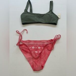 NEW! Aerie medium bikini Green scoop bra top + floral cheeky pink boho bottom
